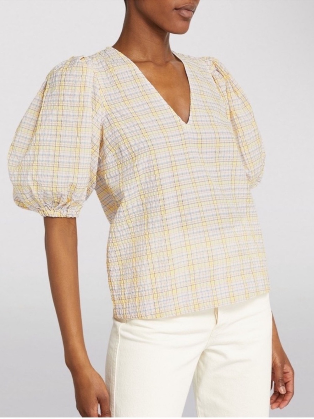 Ganni Yellow and Cream Plaid Checkered Puff Sleeve Blouse Size EU 42 / Large